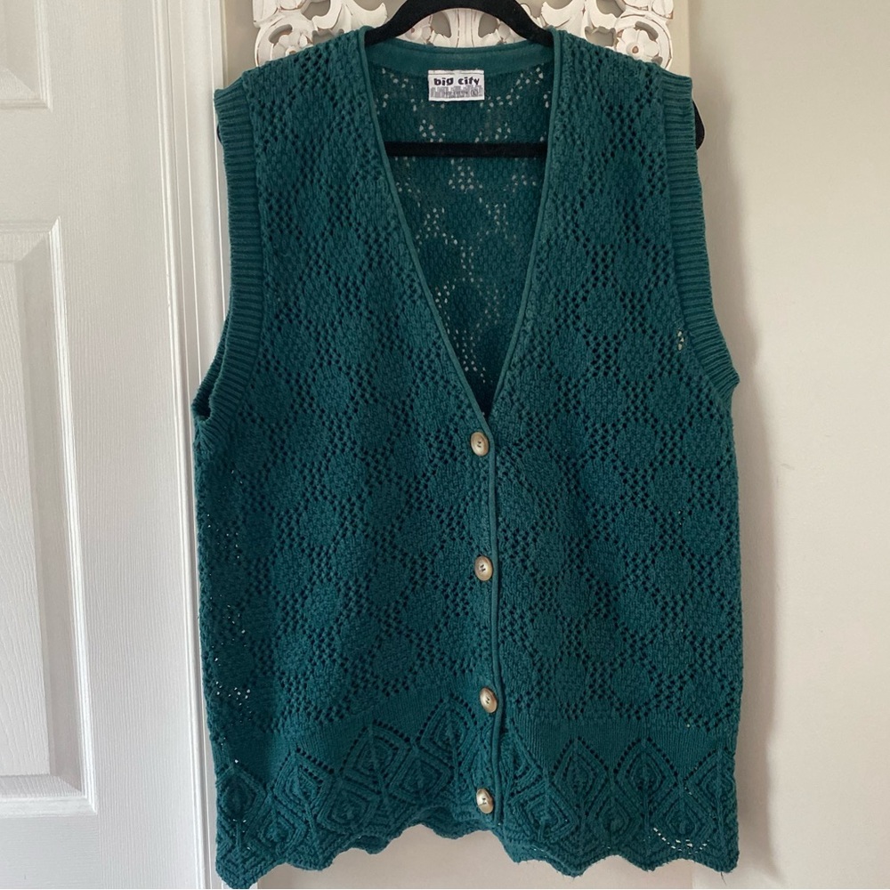 Big City Tunic Sweater Vest VTG Open Knit Crochet Cottagecore 80s 90s Sz L